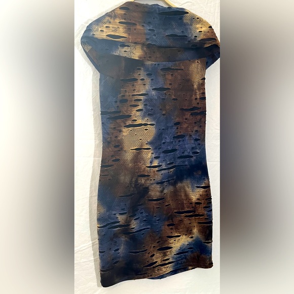 Samuel Dong Distressed Adjustable Bodycon Dress Size L Black,Brown, Blue & Tan - Picture 2 of 6